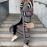 2023 Spring Knitted Cardigan Women Striped Patchwork Autumn Winter Elegant Long Outerwear Maxi Y2k Sweater Coat Soft Jacket