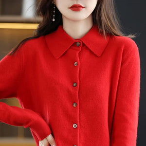 Women's Wool Knit Cardigan Jacket Loose Polo Collar Sweater Outer Solid Color Button Knit Shirt Pullover French 2022 New  Spring