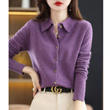 Women's Wool Knit Cardigan Jacket Loose Polo Collar Sweater Outer Solid Color Button Knit Shirt Pullover French 2022 New  Spring